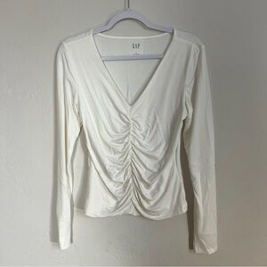 GAP White Fitted Tee Modern Ruched V Neck Top Long Sleeve Shirt Women’s Small